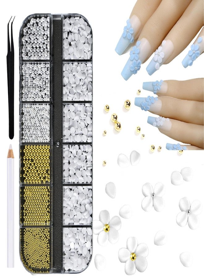 SILPECWEE White Petals Flower Nail Charms 5D Embossed Resin Flowers Charms for Acrylic Nails Pearls Gold Nail Beads Floral Nail Art Charms Spring Summer Nail Jewelry Decoration for Women - Image 1